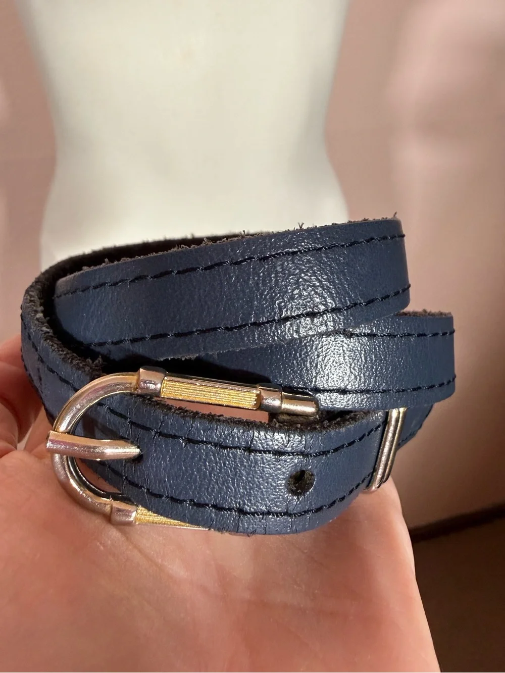 Vintage navy blue leather  minimalist skinny belt 28inches classic academia